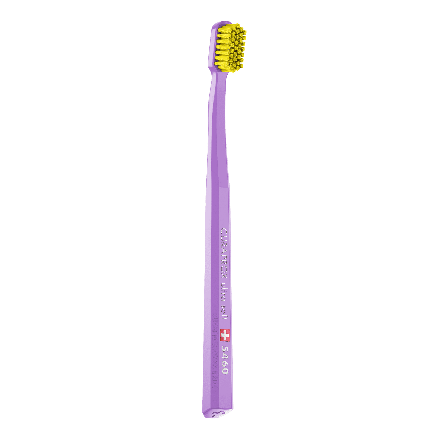 Curaprox CS 5460 ultra soft toothbrush with purple handle and yellow bristles for gentle and effective dental cleaning.