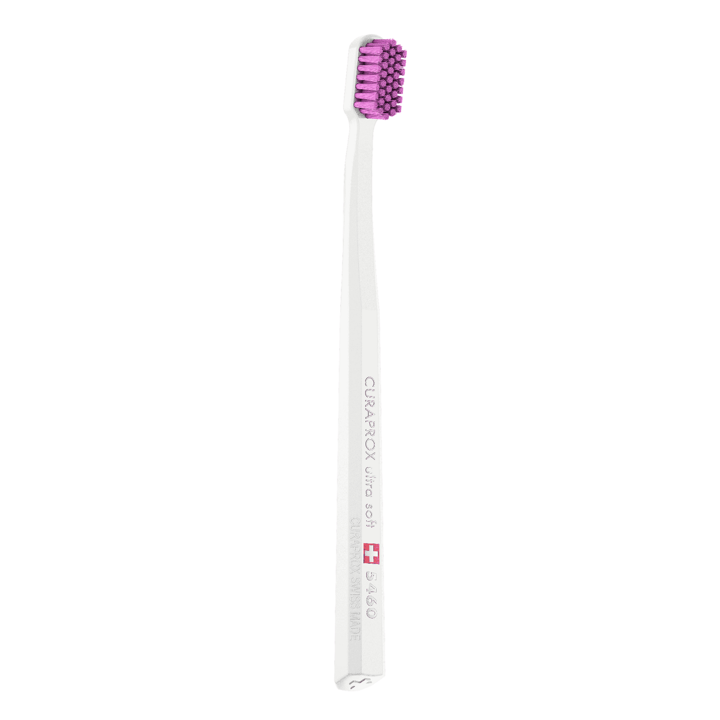 Curaprox CS 5460 ultra soft toothbrush with densely packed purple bristles and angled head for gentle, effective cleaning and gum care.