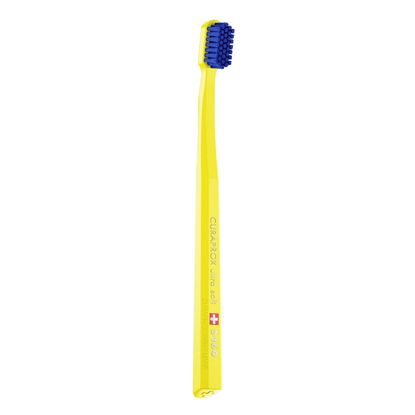 Yellow Curaprox CS 5460 ultra soft toothbrush with dense blue bristles and angled head for gentle, effective cleaning