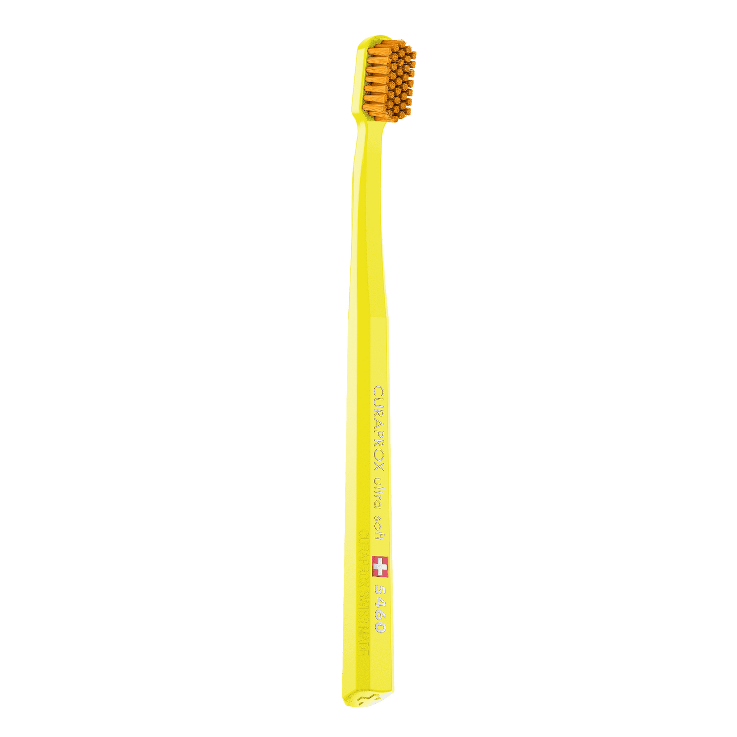 Yellow Curaprox CS 5460 ultra soft toothbrush with densely packed bristles and angled head for gentle, effective cleaning and gum care