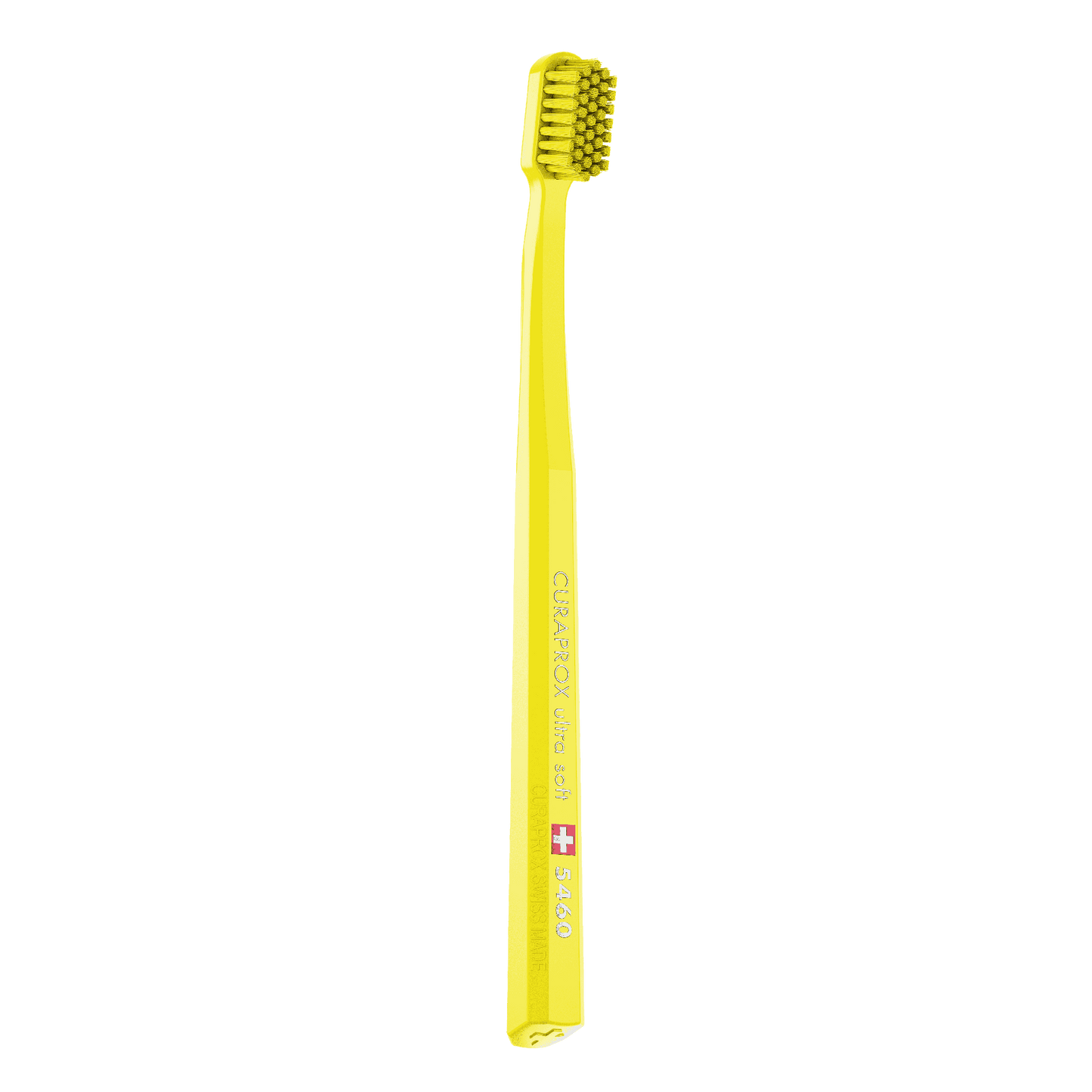 Curaprox CS 5460 ultra-soft toothbrush with dense yellow bristles and ergonomic handle for gentle, effective cleaning.