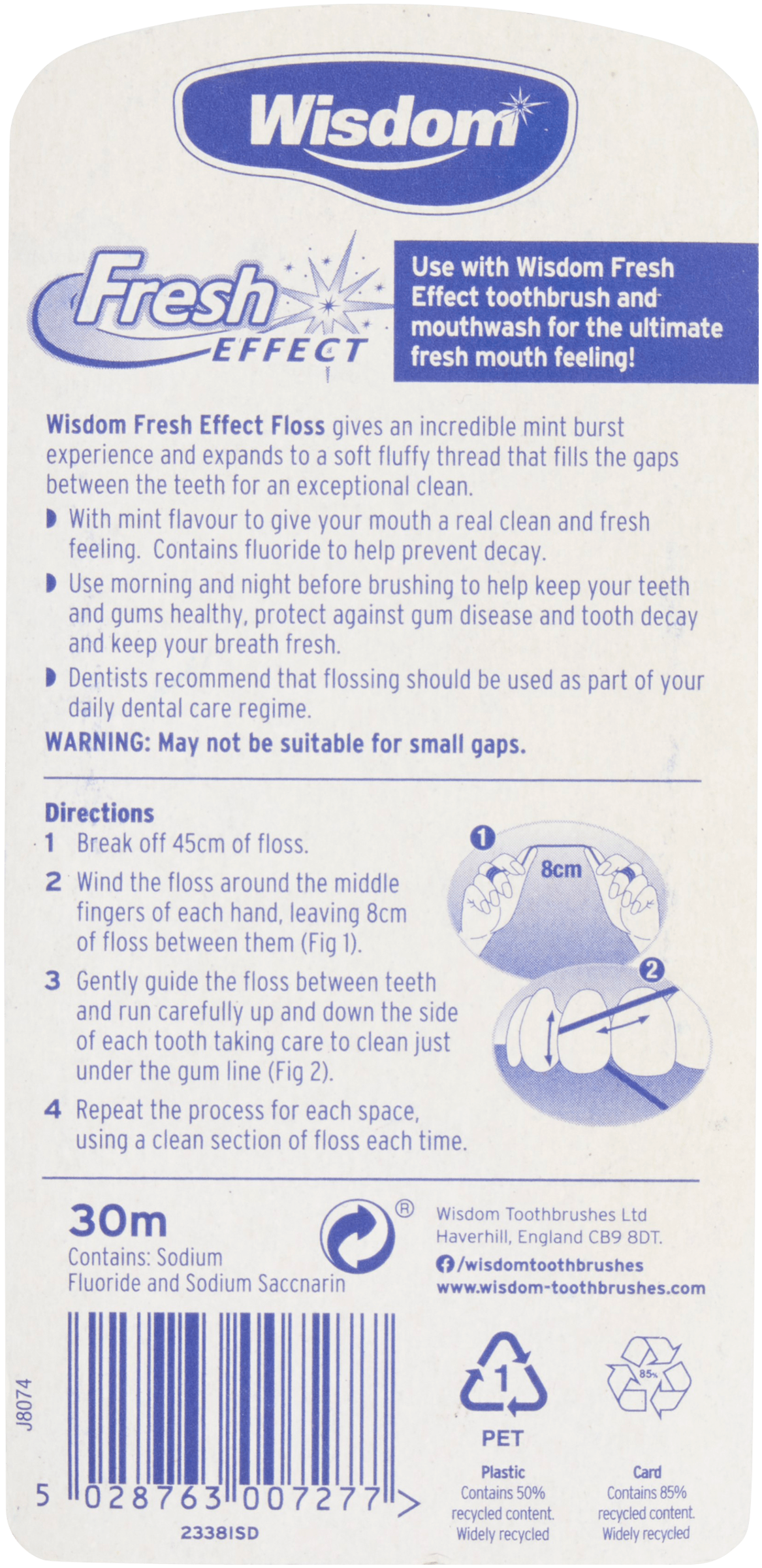 Package of Wisdom Fresh Effect Dental Floss 30m with mint flavor for a clean and fresh feeling