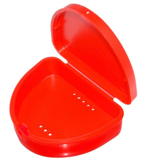 Compact red retainer box with hinged lid, snap-fit catch, air holes, and gloss finish for hygienic storage