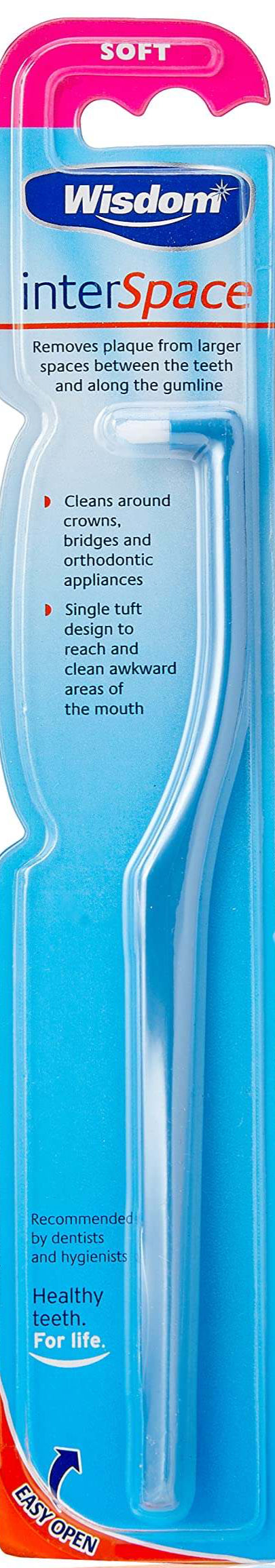 Wisdom Interspace Brush small head interdental cleaner with single tuft and multilevel filaments for plaque removal between teeth and around orthodontic appliances