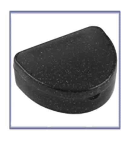 Compact black retainer box with hinged lid and air holes for hygiene storage of mouthguards and retainers