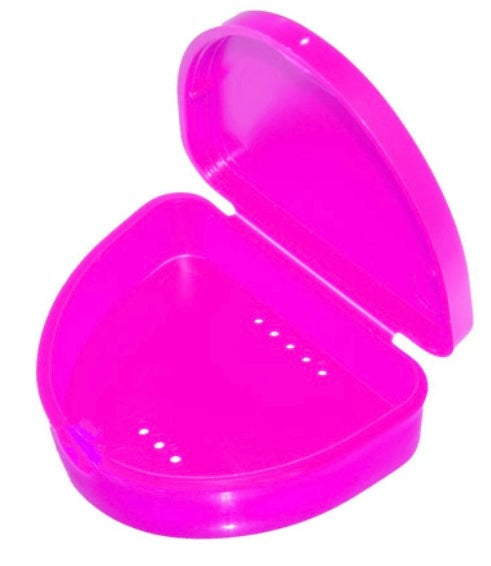 Bright pink retainer box with hinged lid, air holes, and compact slim design for mouthguard storage