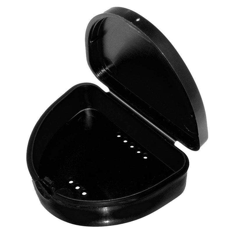 Compact black retainer aligner box with hinged lid, snap-fit catch, air holes, and smooth gloss finish for hygienic storage