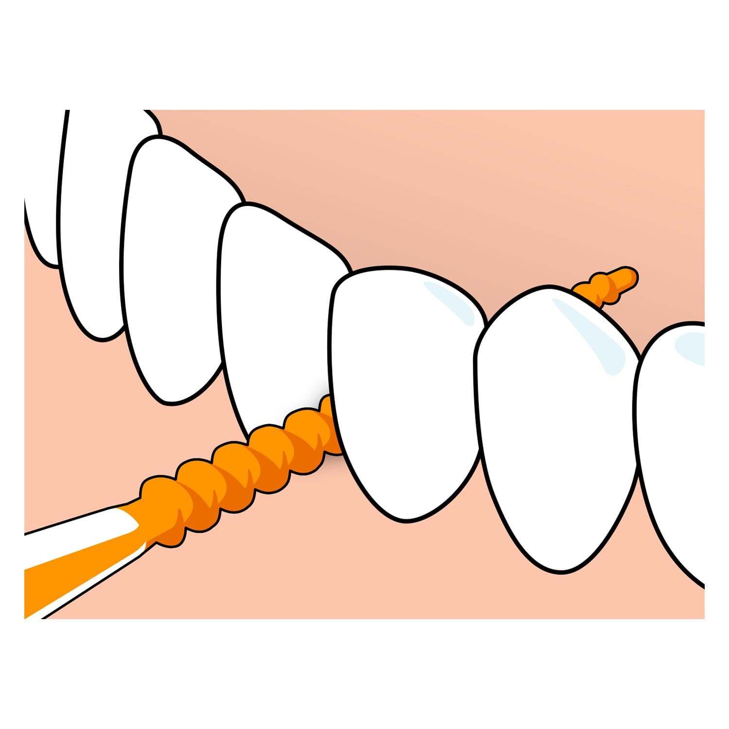 Illustration of TePe Easypick interdental cleaner with silicone coating cleaning between teeth for oral hygiene