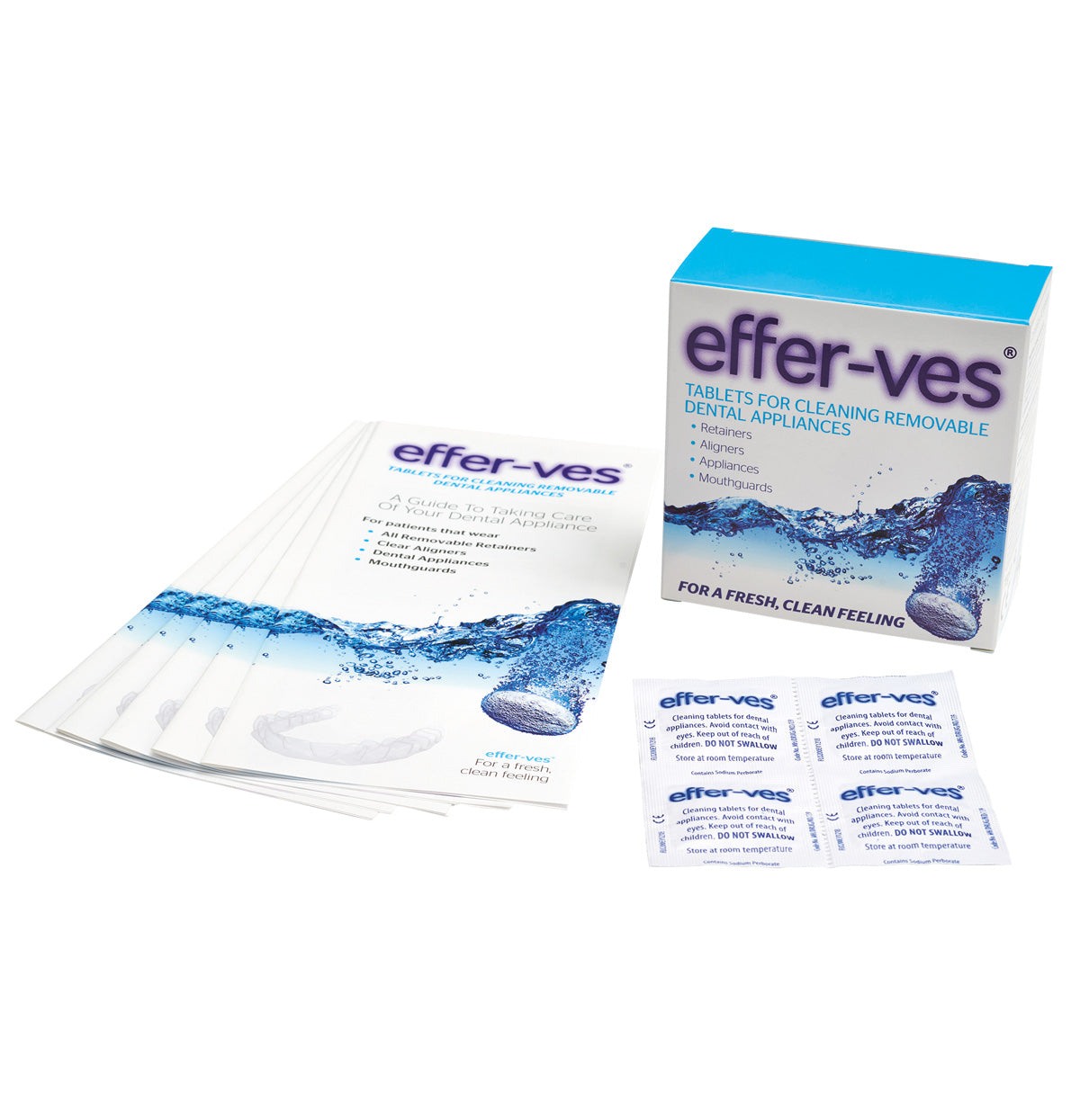 Effer-ves appliance cleaning tablets box with blister packs and instruction leaflets for cleaning retainers and dental appliances