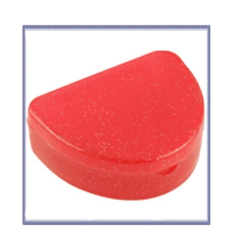 Compact red retainer box with hinged lid, snap-fit catch, air holes, and smooth gloss finish for dental storage
