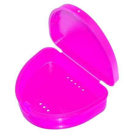 Compact bright pink retainer aligner box with hinged lid and ventilation holes for hygiene