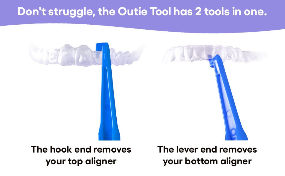 Blue Outie Tool with hook end removing top aligner and lever end removing bottom aligner for easy retainer and aligner removal.