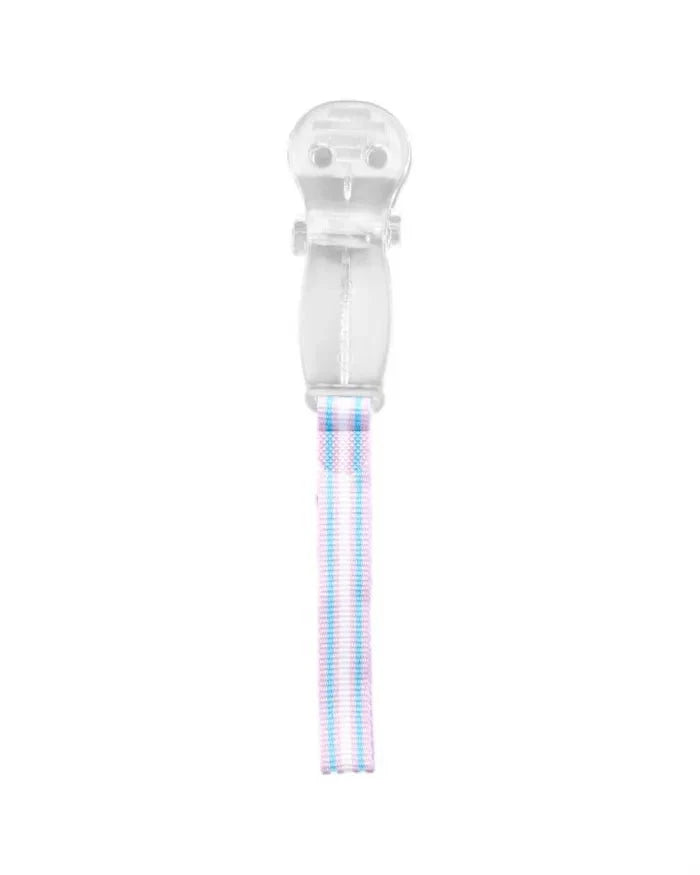 Curaprox Baby Soother Holder in clear with striped fabric strap to securely attach baby soothers and prevent loss or contamination