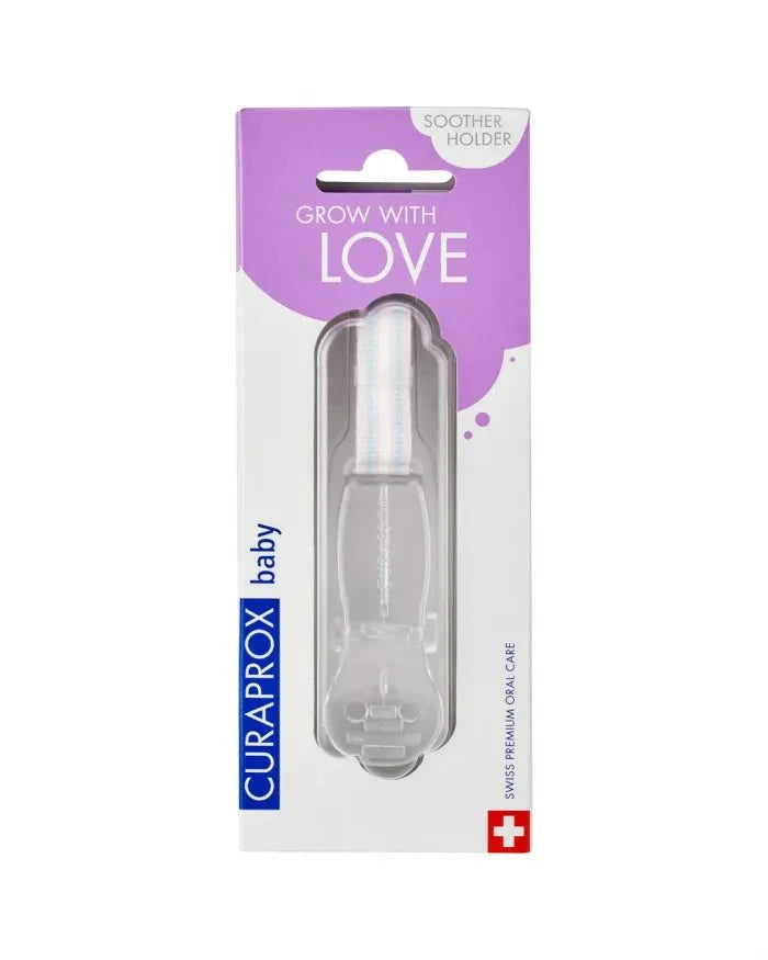 Clear Curaprox Baby Soother Holder in packaging to prevent loss and contamination of pacifiers.