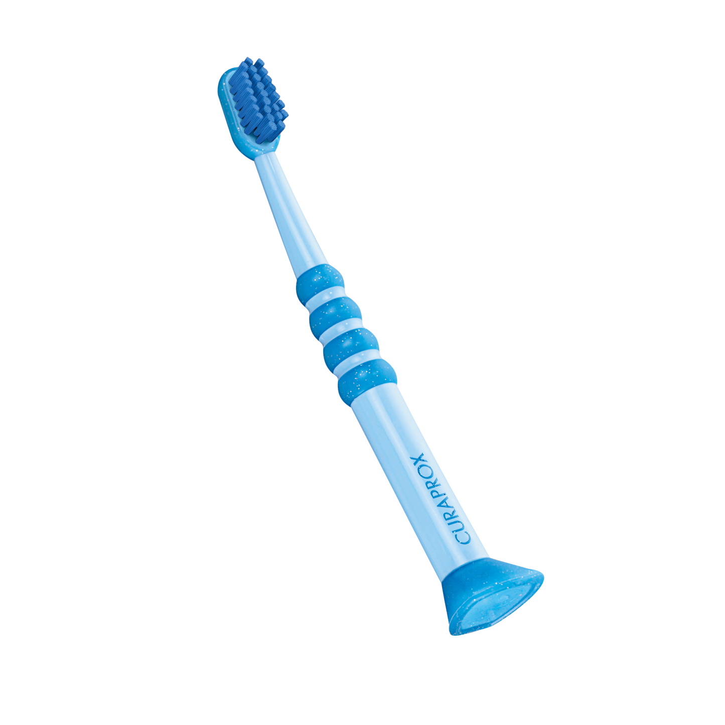 Blue Curaprox baby toothbrush with soft, dense bristles and anti-slip handle for ages 0-4 years