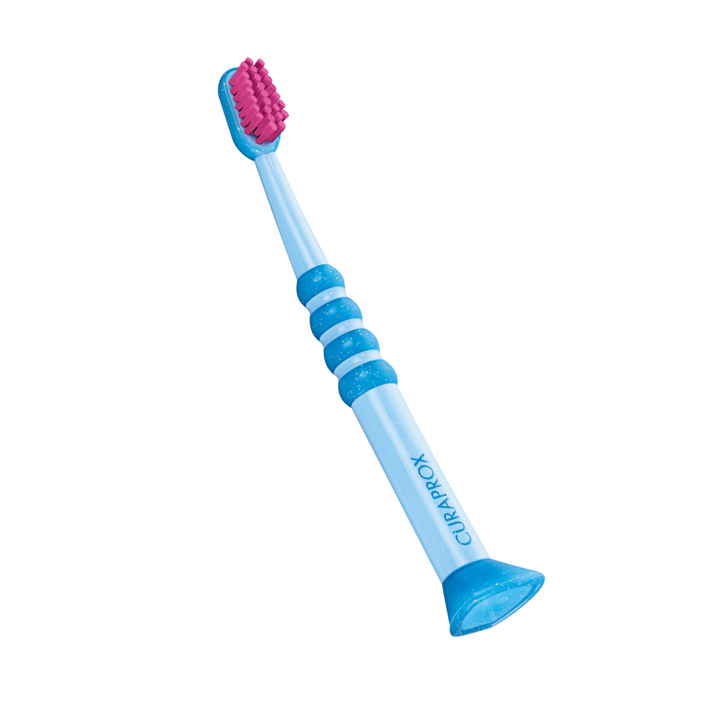 Curaprox Baby Toothbrush 0-4yrs with soft fine filaments and anti-slip handle in blue and pink for gentle baby teeth cleaning