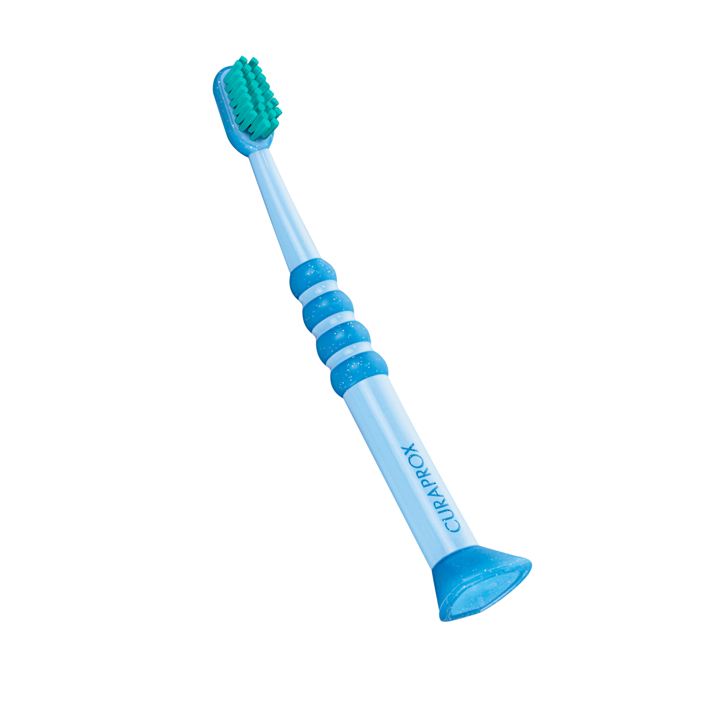 Curaprox Baby Toothbrush 0-4yrs with fine dense filaments, rubberized small brush head, anti-slip blue handle designed for gentle baby teeth cleaning.
