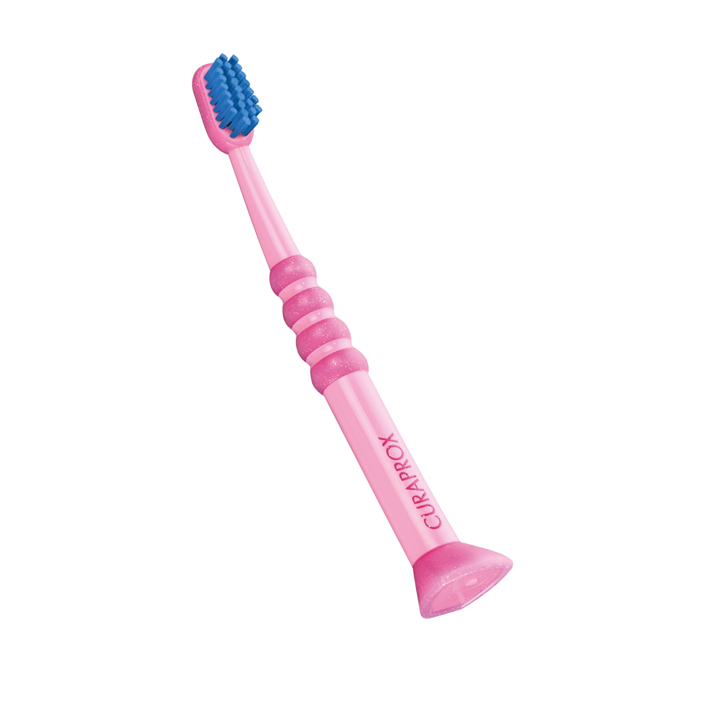 Curaprox Baby Toothbrush for 0-4 years with fine blue filaments and pink anti-slip handle designed for gentle and effective cleaning.