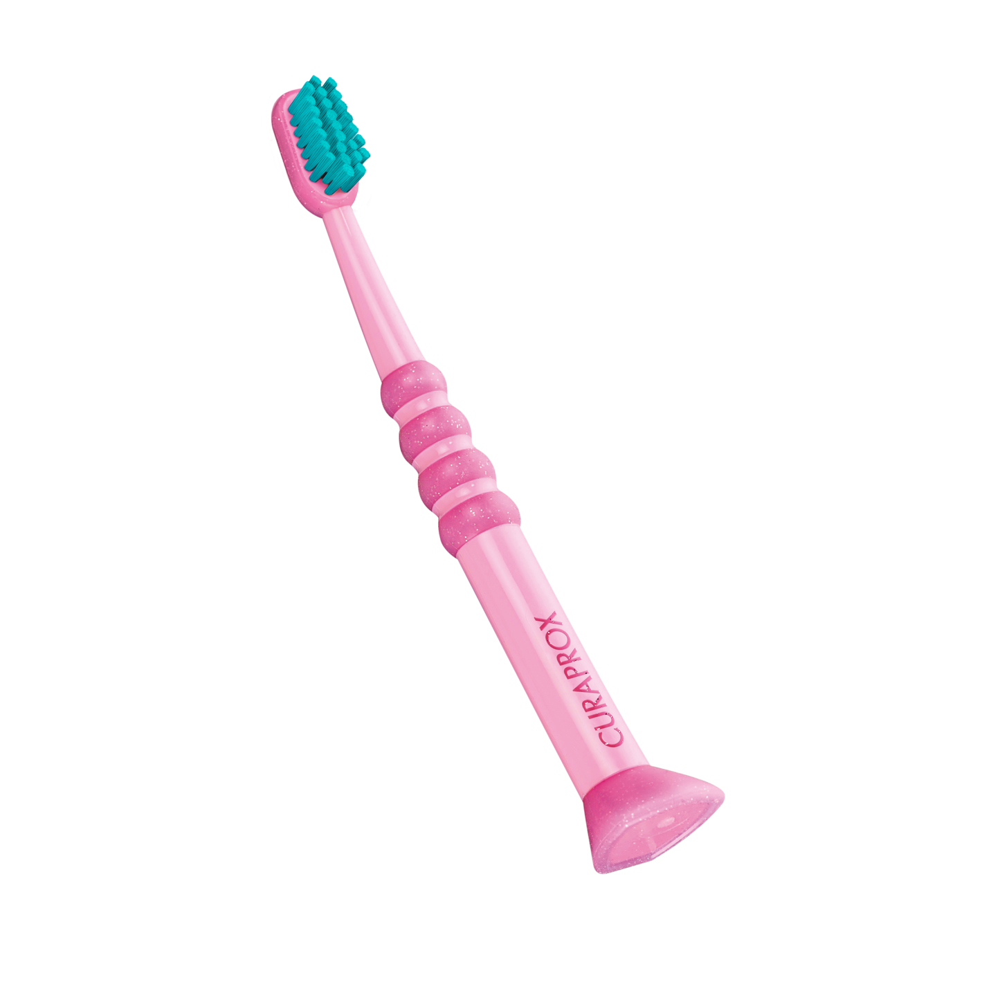 Curaprox Baby Toothbrush 0-4yrs with soft turquoise bristles and pink anti-slip handle for gentle, effective cleaning.