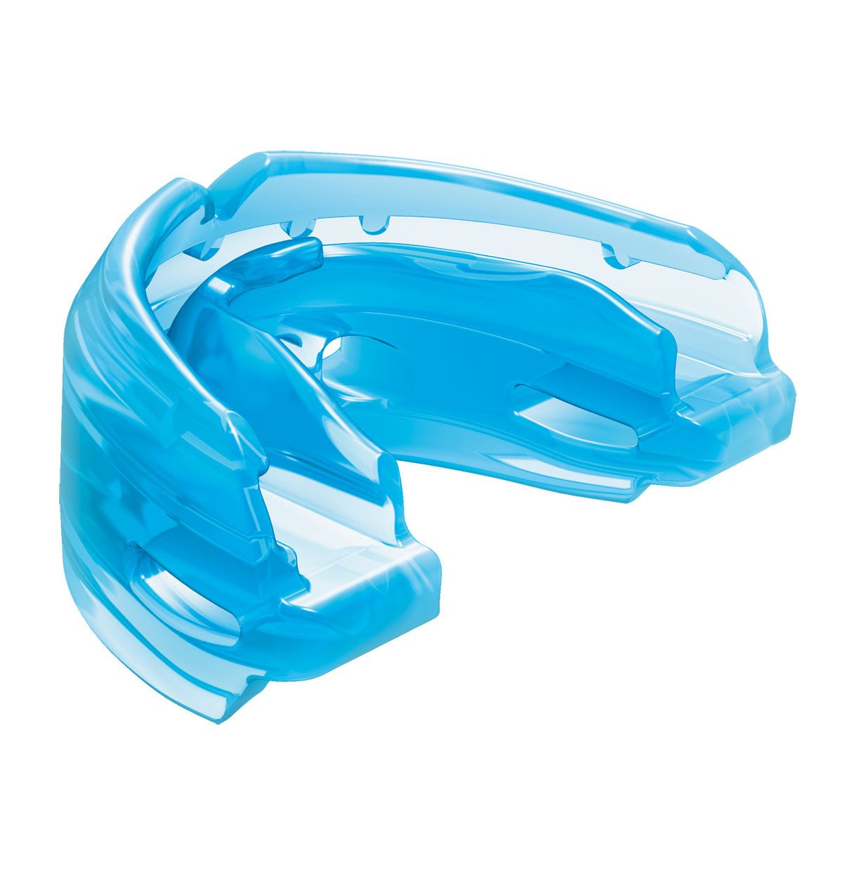 Blue Shock Doctor braces mouthguard made of medical grade silicone for athletes with braces, featuring double protection and air cushioned shock pads.