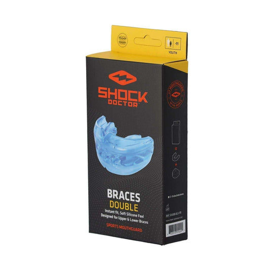 Shock Doctor braces mouthguard for athletes aged 11+, double protection with medical grade silicone and breathing channels.
