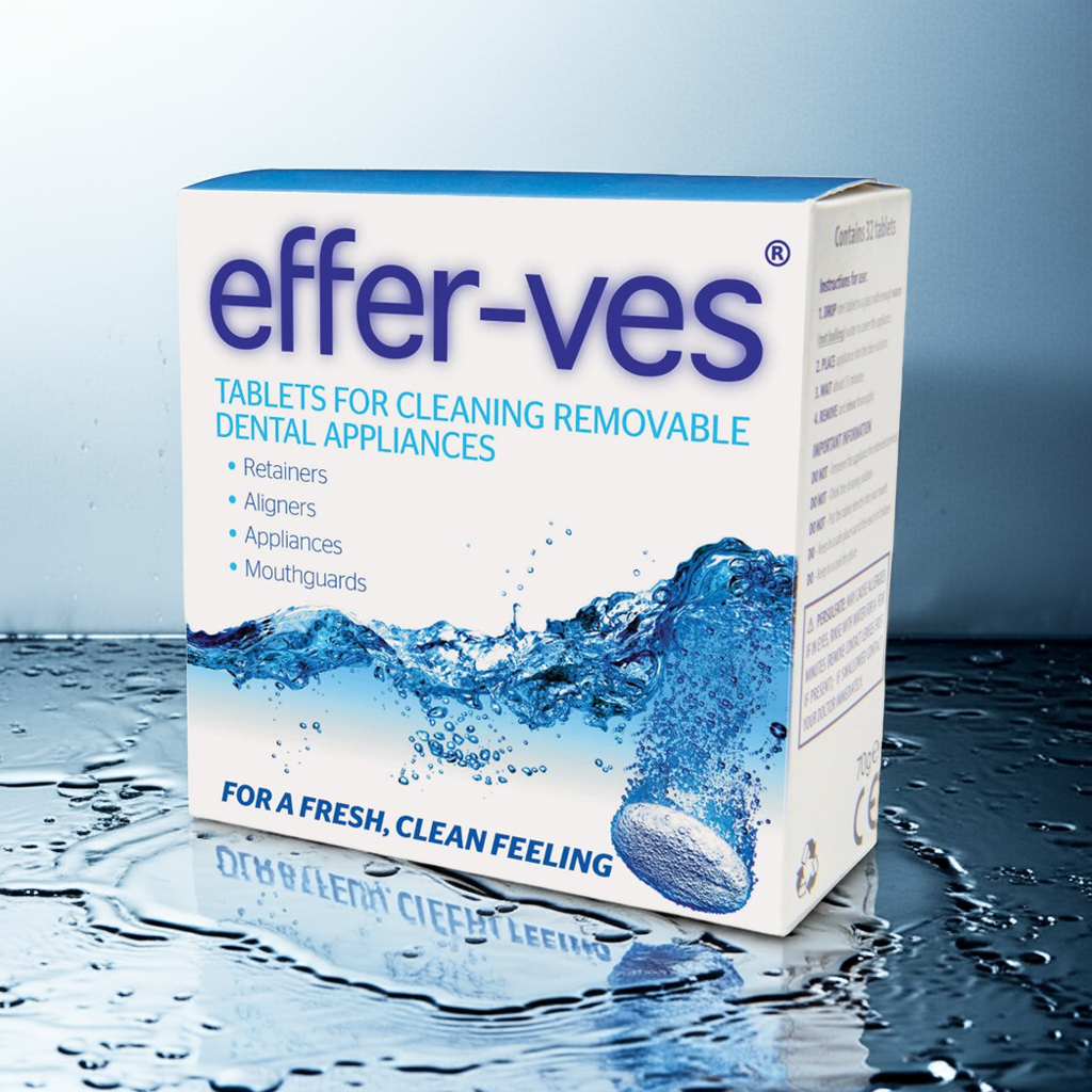 Effer-ves Appliance Cleaning Tablets box with water splash for cleaning retainers, aligners, appliances, and mouthguards.