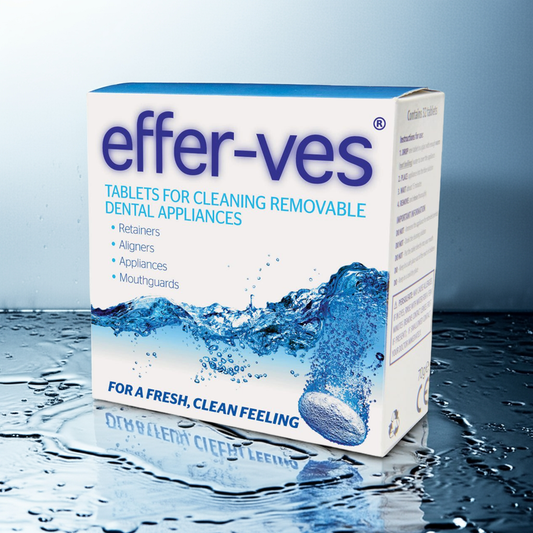 Effer-ves Appliance Cleaning Tablets box with water splash for cleaning retainers, aligners, appliances, and mouthguards.