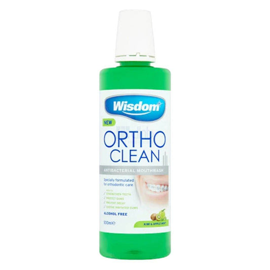 Wisdom Ortho Clean antibacterial mouthwash 500ml bottle with kiwi and apple mint flavor